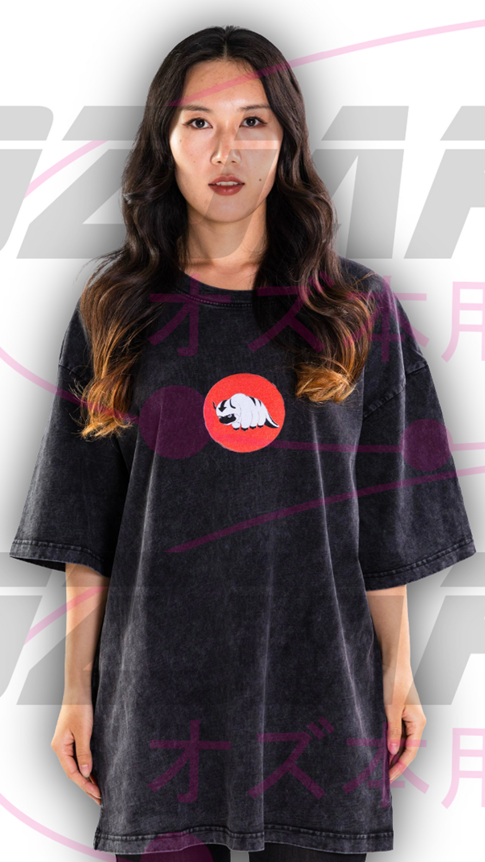 Appa oversized black t-shirt front view with small chest graphic OzJapwear