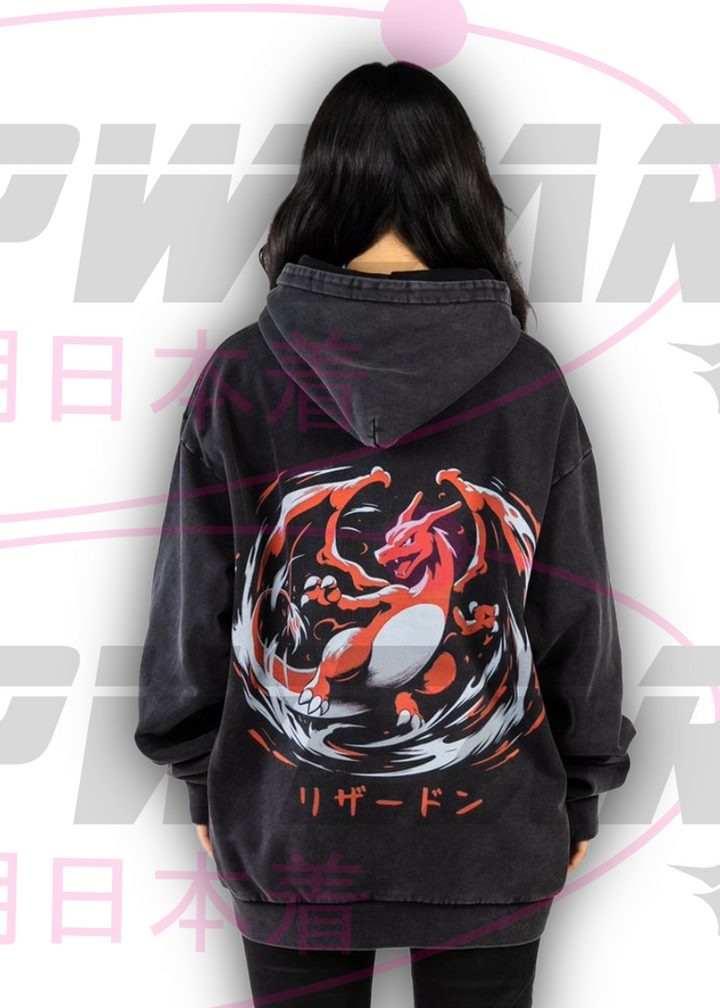 Back view of Charizard oversized hoodie featuring large flame dragon graphic on washed black heavyweight cotton
