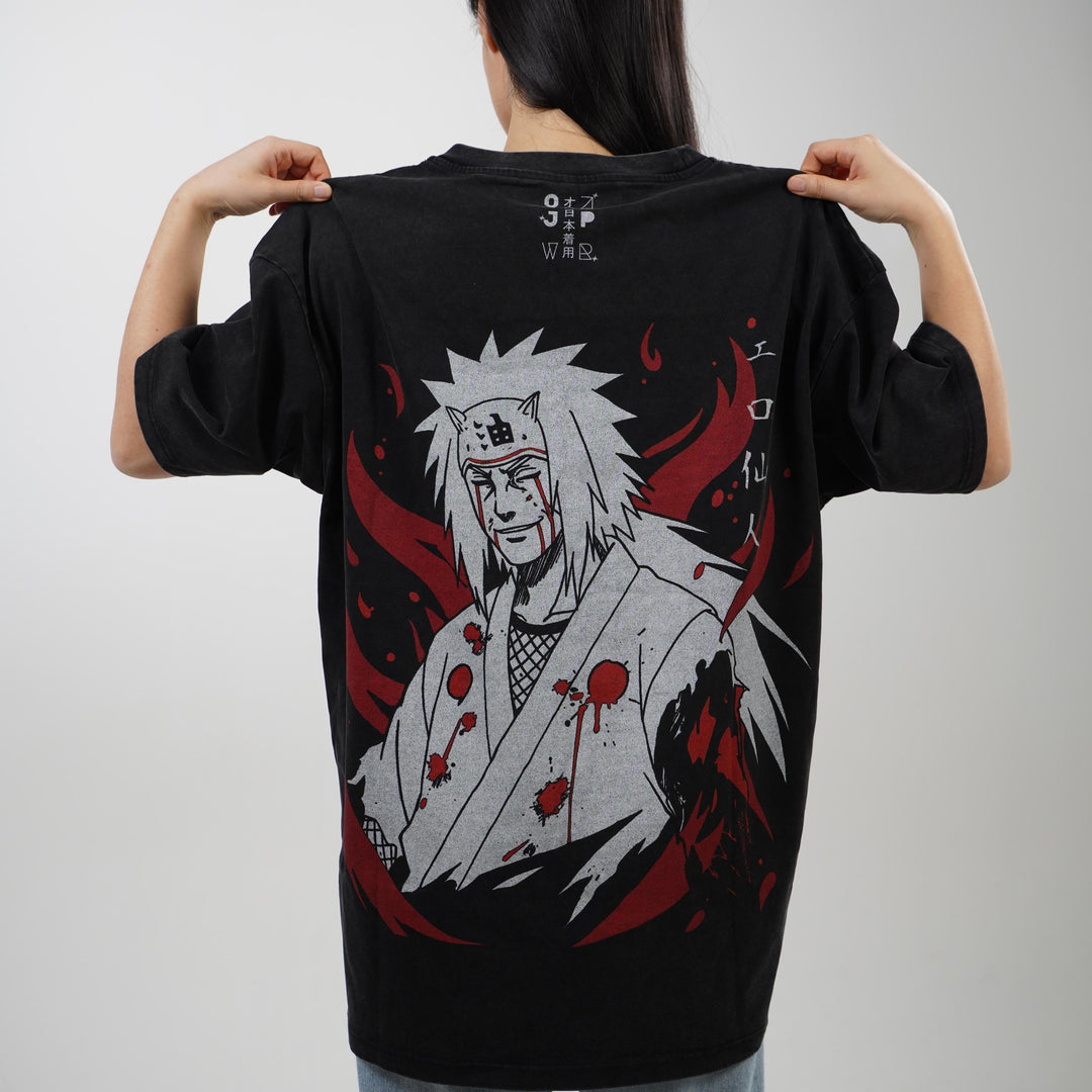 Back view of the black oversized Jiraiya Naruto tee, highlighting the large detailed print of Jiraiya with blood splatters and red accents.