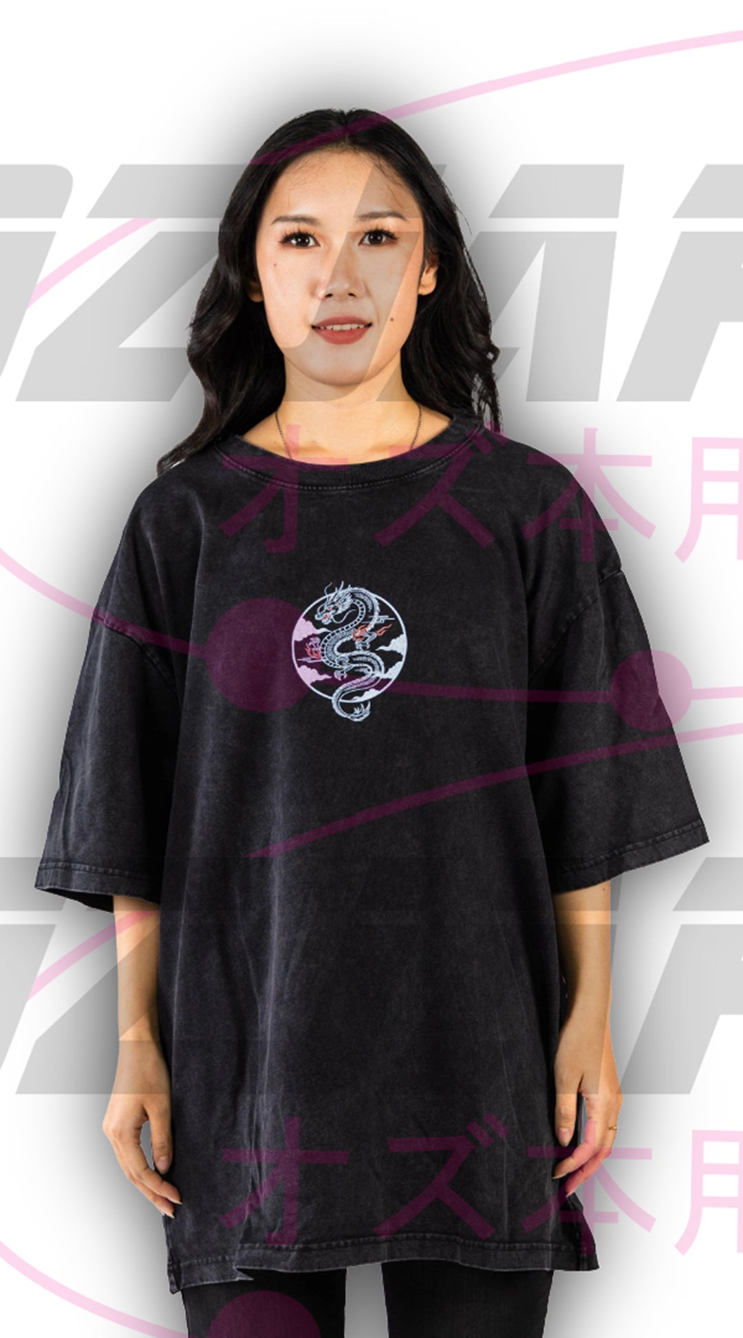 Front view of the Dragon Mist Oversized Tee featuring a minimalist Japanese-inspired dragon emblem on the chest and a relaxed oversized fit.