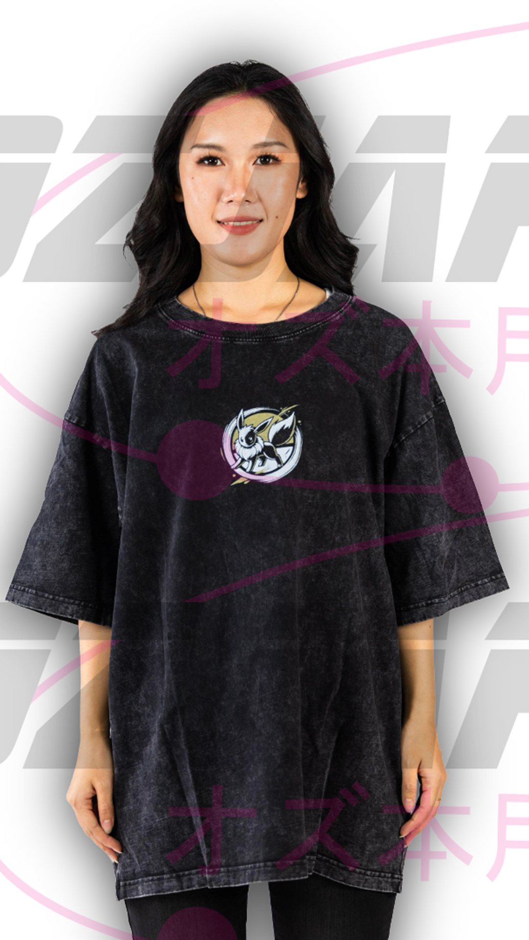 Eevee oversized anime tee front view in washed black by OzJapwear
