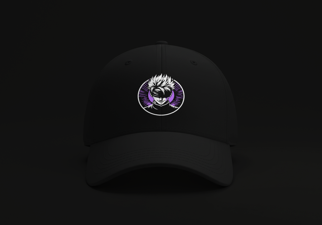 Close-up front view of black Gojo Crest Hat by OzJapwear. Structured black cap featuring sharp embroidered Gojo Satoru crest patch with signature blindfold or Six Eyes design in blue and purple accents, limited edition collector item.