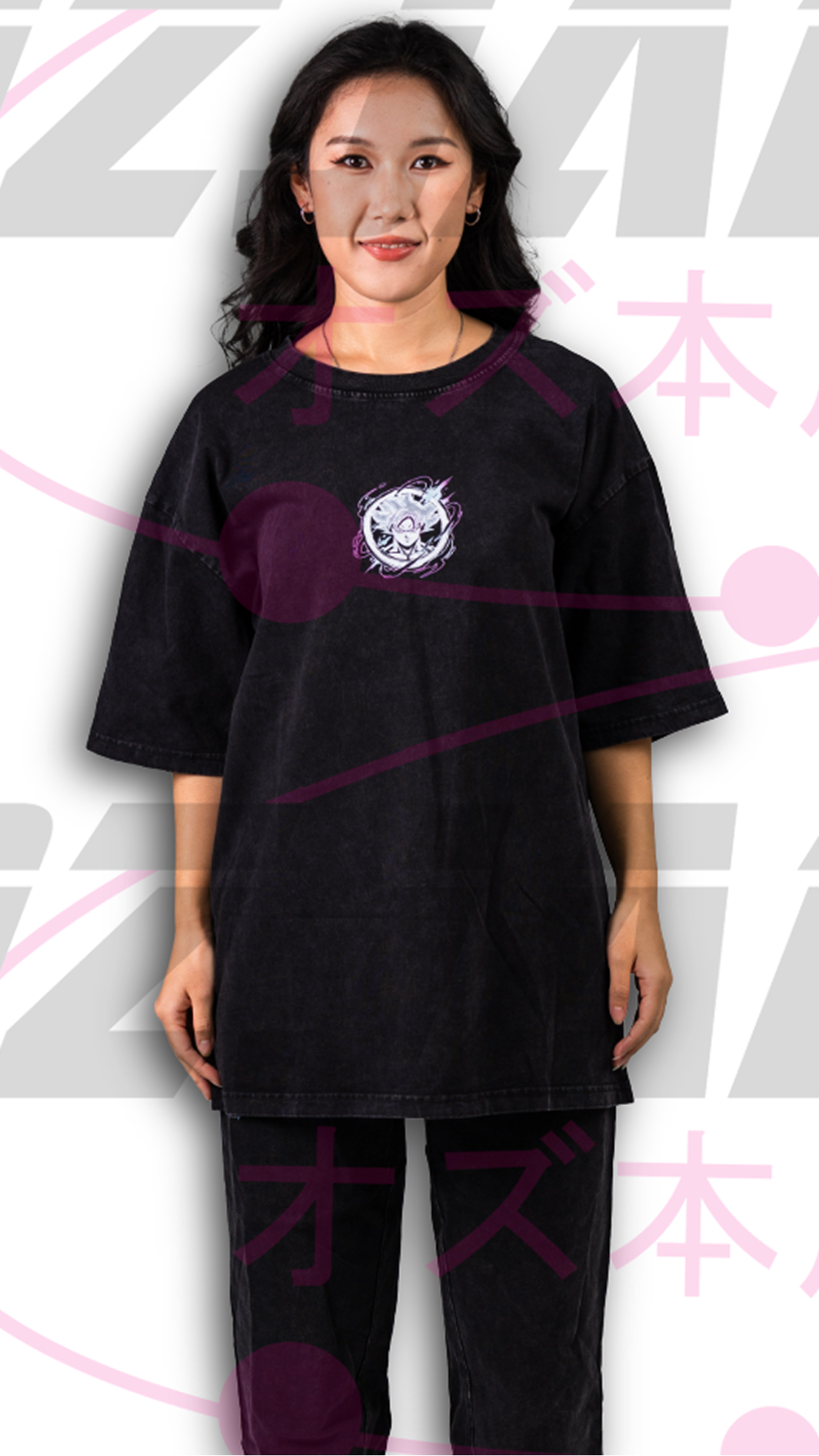 Model wearing OzJapwear Ultra Instinct Goku Oversized Tee featuring a clean front chest design inspired by Goku&