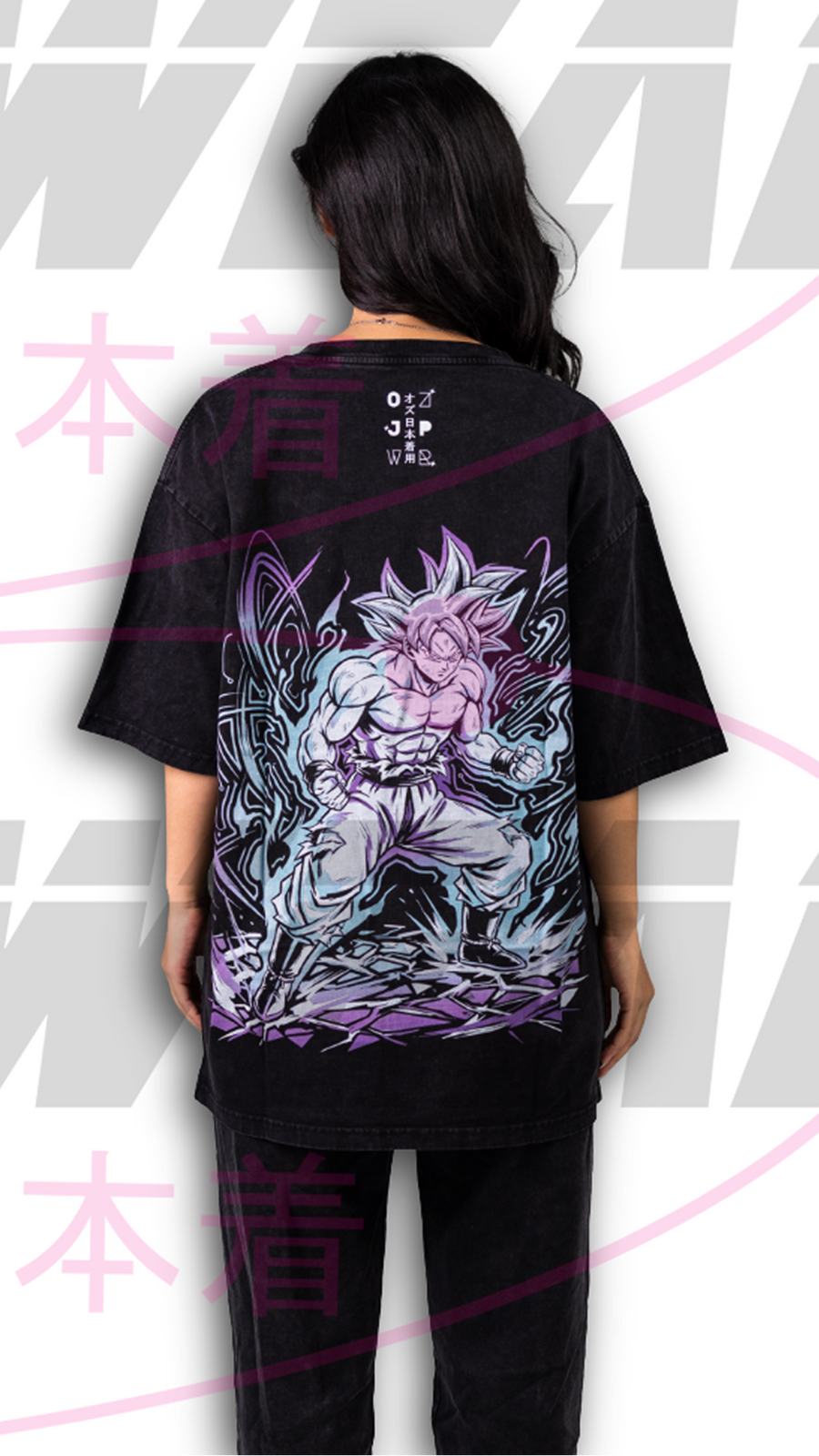 Model wearing OzJapwear Ultra Instinct Goku Oversized Tee featuring a large full-back Dragon Ball artwork of Goku in Ultra Instinct form with purple energy effects and Japanese-inspired design elements.