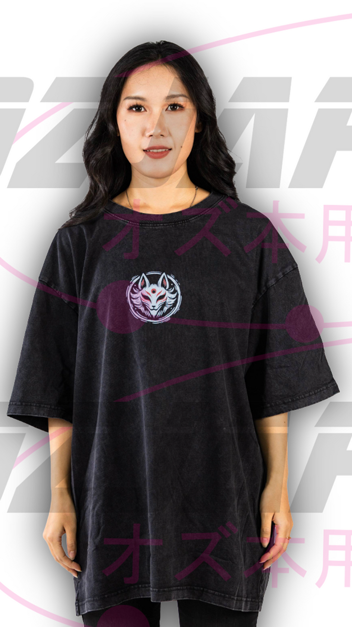 Kitsune oversized black t-shirt front view with small fox emblem on chest OzJapwear