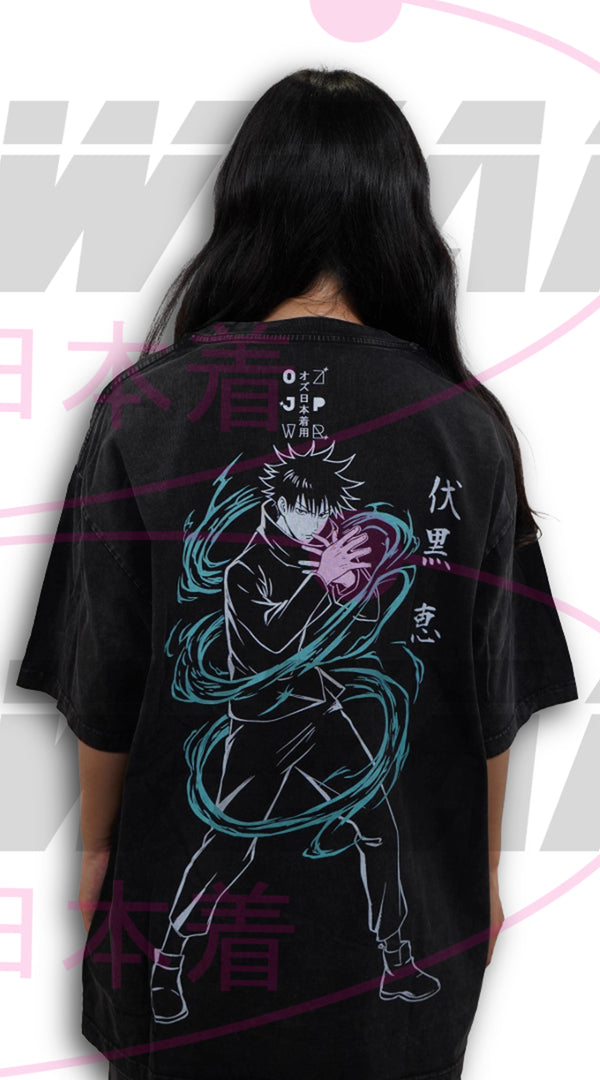 Back view of the Megumi Limited Oversized Tee featuring exclusive full-back artwork of Megumi Fushiguro from Jujutsu Kaisen with an oversized relaxed fit.