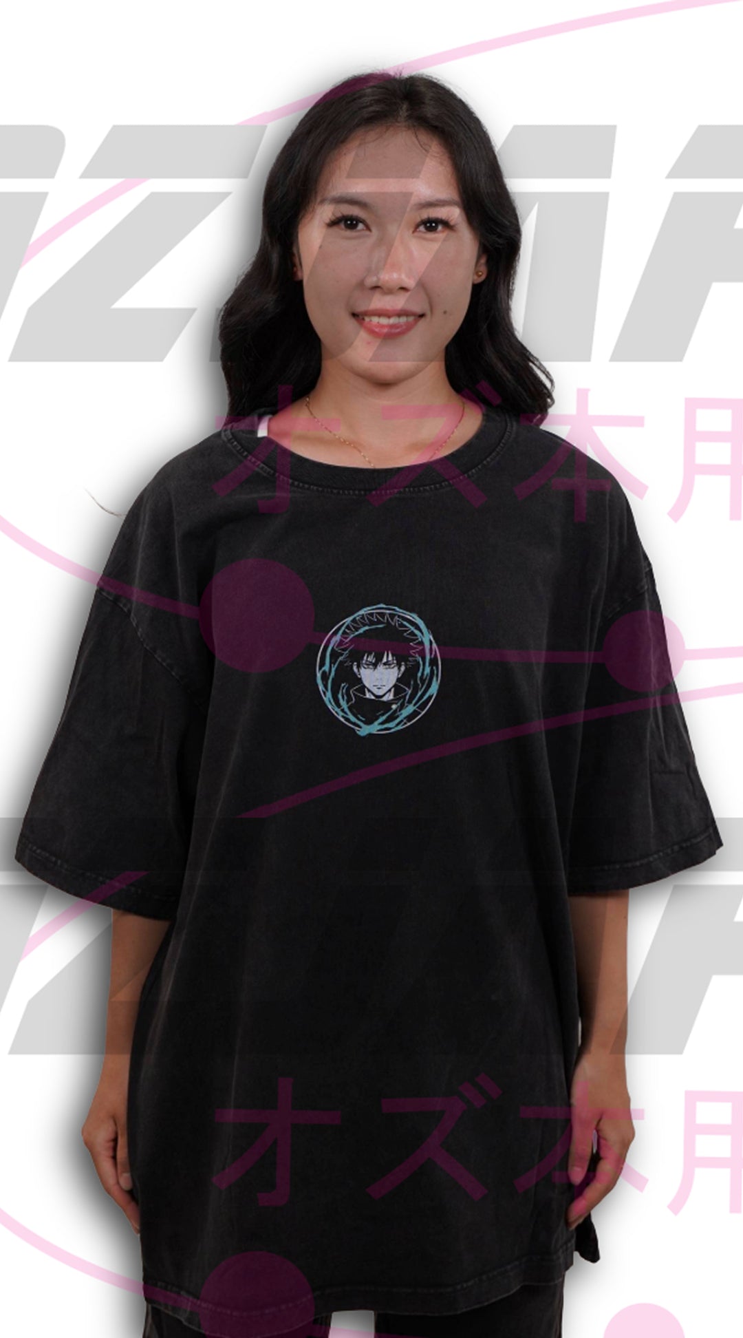 Front view of the Megumi Limited Oversized Tee featuring a minimalist Megumi Fushiguro chest design on a premium oversized black cotton T-shirt.