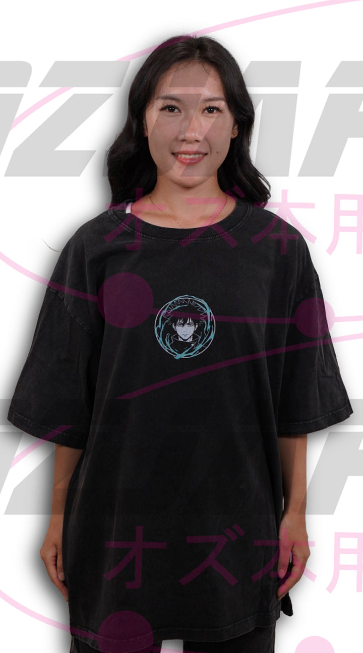 Front view of the Megumi Limited Oversized Tee featuring a minimalist Megumi Fushiguro chest design on a premium oversized black cotton T-shirt.