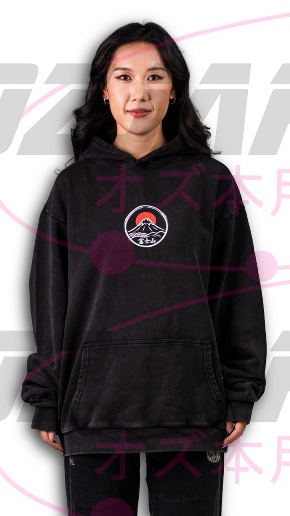 Model wearing OzJapwear Fuji-sama Oversized Hoodie featuring a minimalist Mount Fuji chest emblem inspired by traditional Japanese symbolism and oversized streetwear design.