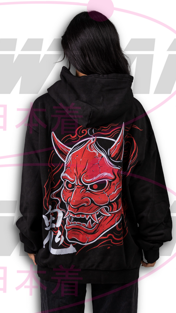 Back view of the OzJapwear Oni Mask Oversized Hoodie featuring a large red Oni mask graphic on a washed black oversized hoodie