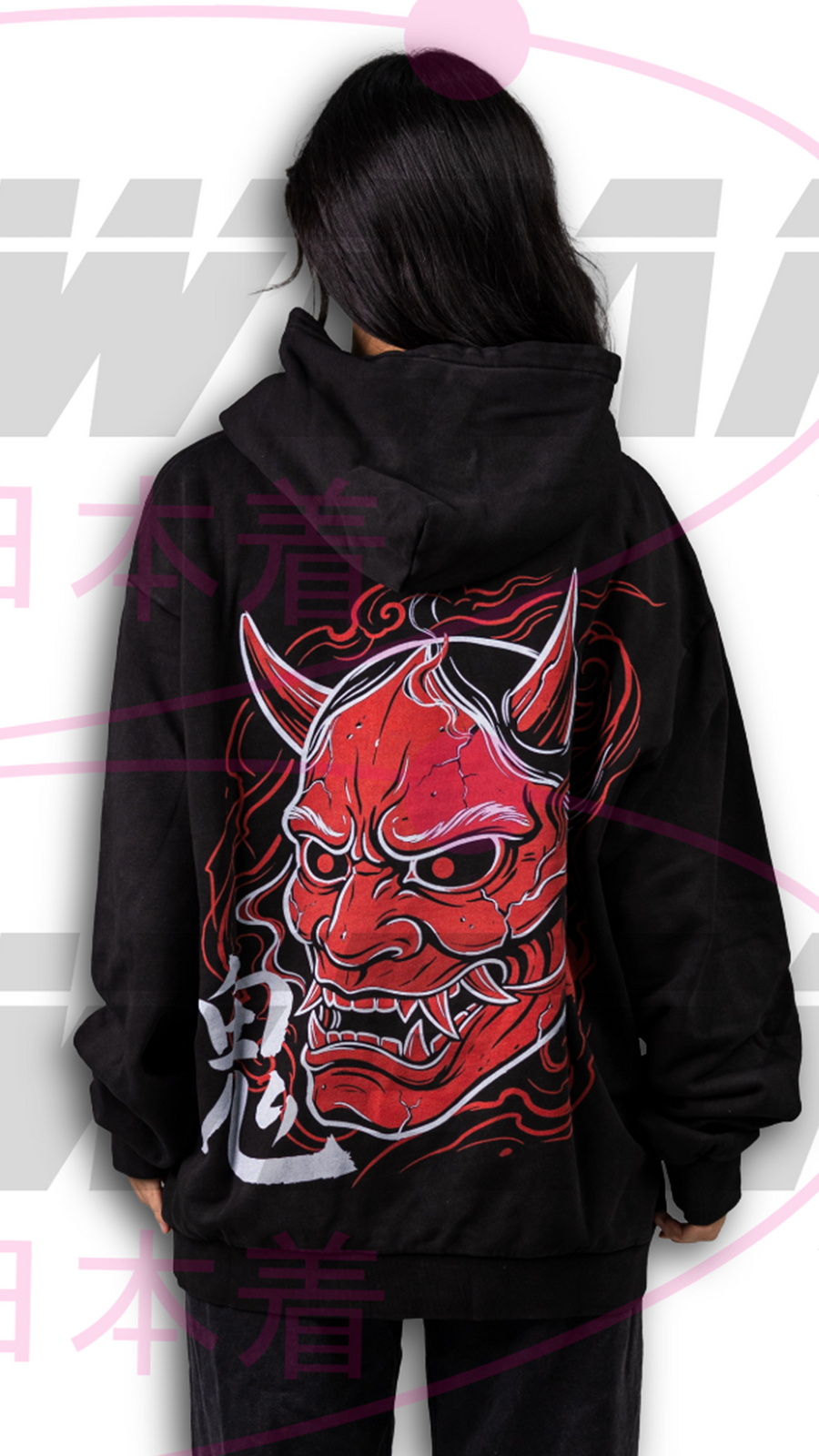 Back view of the OzJapwear Oni Mask Oversized Hoodie featuring a large red Oni mask graphic on a washed black oversized hoodie