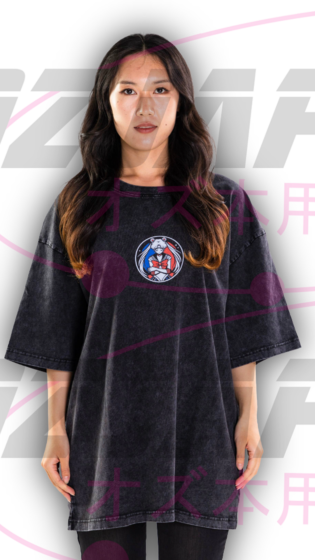 Sailor Moon oversized anime tee front view in washed black by OzJapwear
