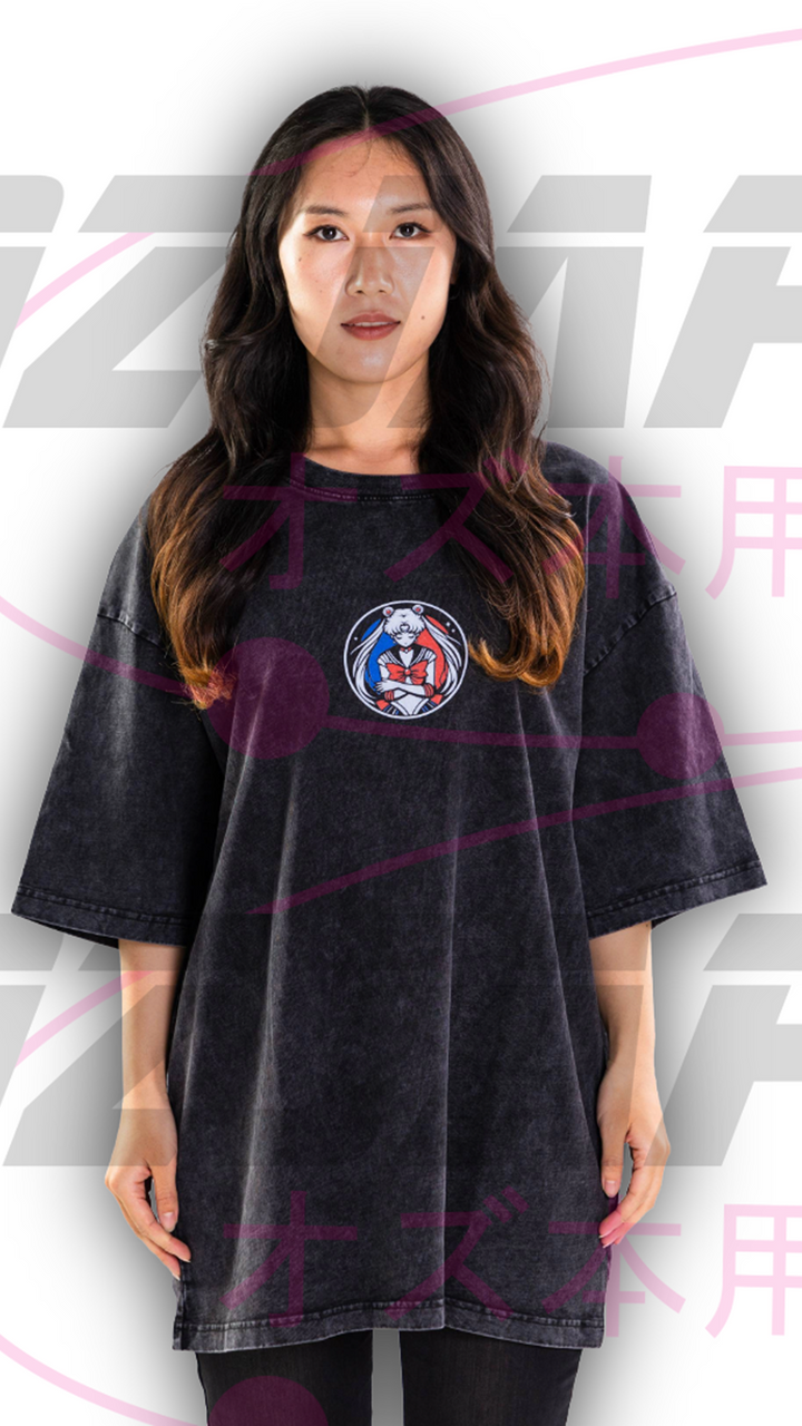 Sailor Moon oversized anime tee front view in washed black by OzJapwear