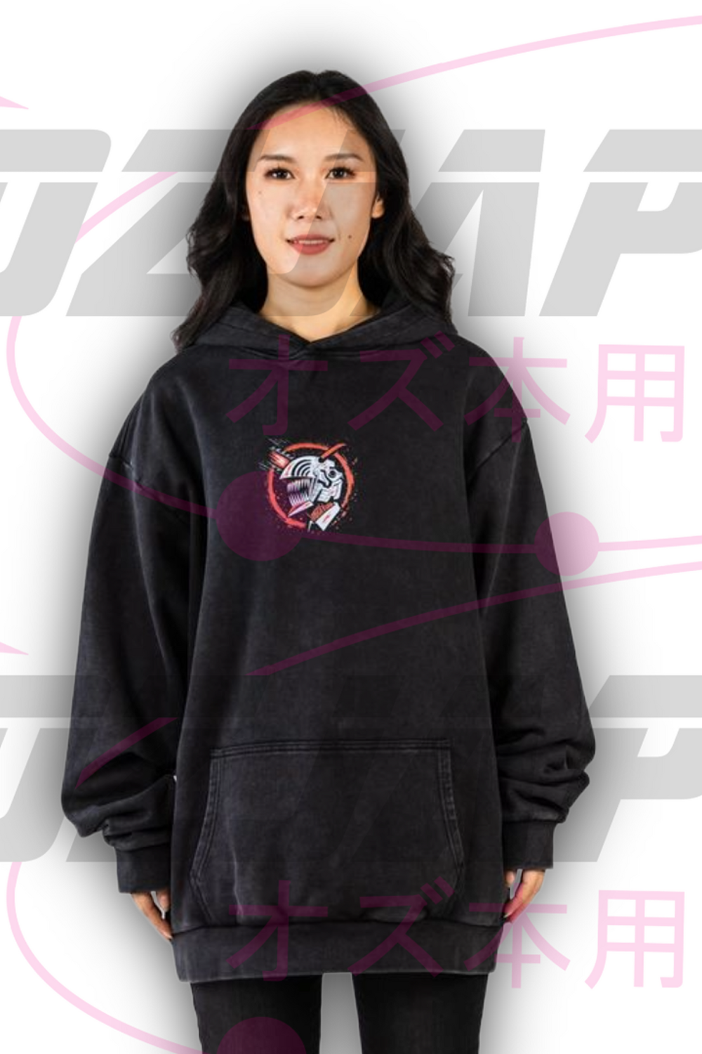 Front view of black oversized Denji Chainsaw Man hoodie by OzJapwear. Model wearing heavyweight distressed black hoodie with subtle circular front print featuring Denji skull logo in red and white, relaxed unisex fit with dropped shoulders and kangaroo pocket.