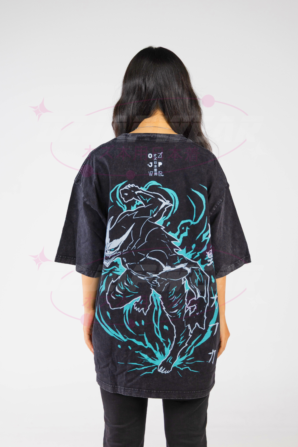 Back view of Kafka Oversized Tee featuring full-back blue-aura Kafka artwork on black acid-wash cotton.