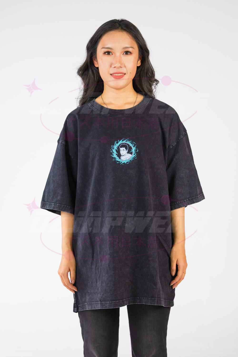 Front view of OzJapwear’s Kafka Oversized Tee with blue emblem design on black acid-wash cotton.