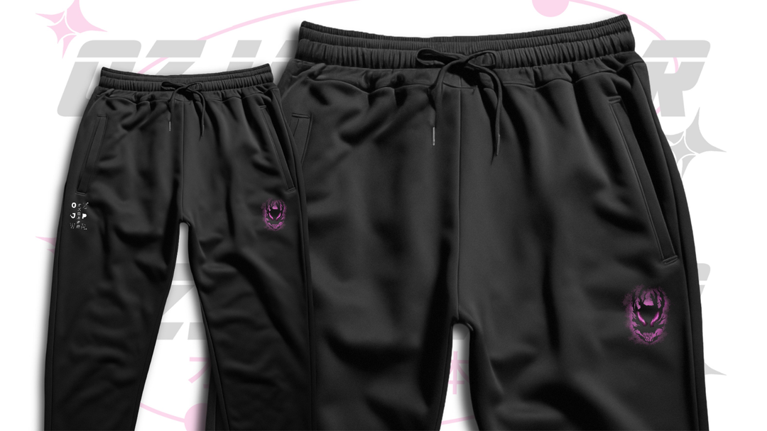 OzJapwear Solo Leveling oversized pants featuring a premium washed black finish, relaxed oversized fit, and Shadow Monarch inspired purple emblem detailing.
